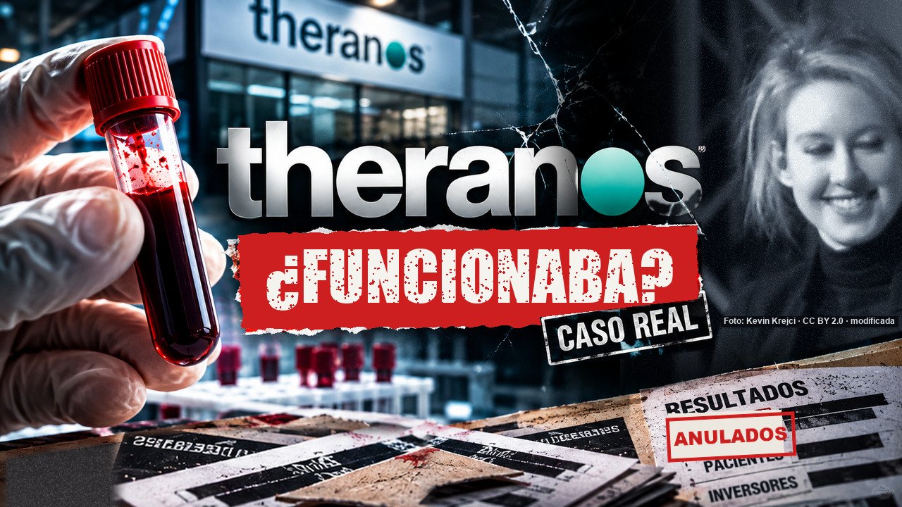 Una mano enguantada sostiene un tubo de sangre junto al logotipo de Theranos y la pregunta «¿Funcionaba?»; a la derecha, un retrato de Elizabeth Holmes y documentos con el sello «Anulados».